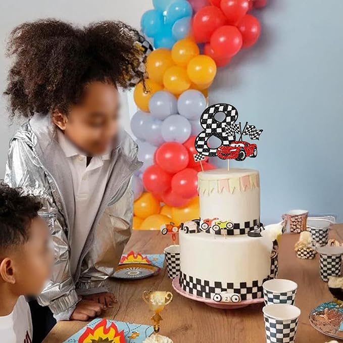 Gyufise 1Pc Race Car 8th Cake Topper Glitter 8th Racing Car Birthday Cake Topper Decoration for Racing Car Checkered Flag Themed Girl Boy 8 Years Birthday Party Supplies