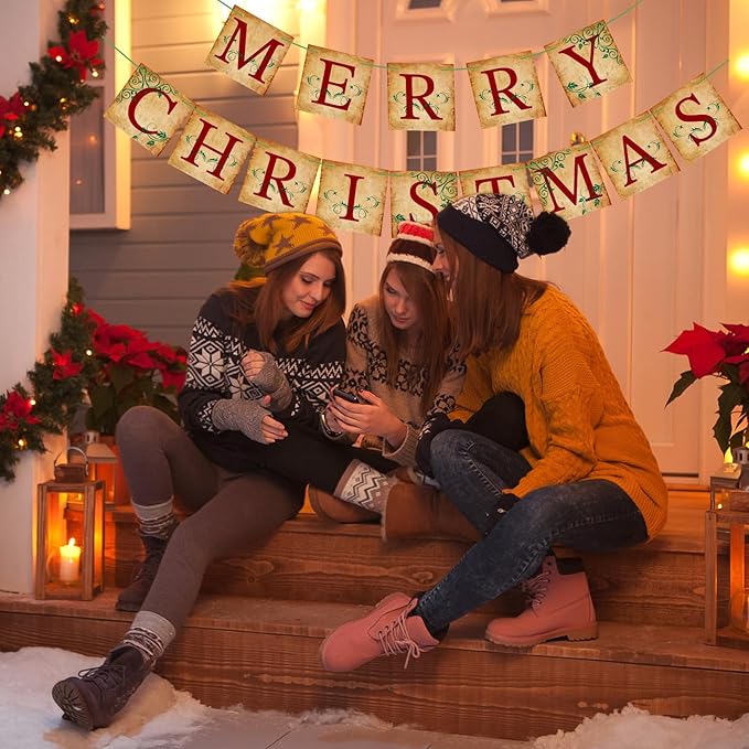 Merry Christmas Banner Vintage Christmas Garlands Decorations for Indoor Home Office Wall Window Door Fireplace Mantle Xmas Tree Decorations