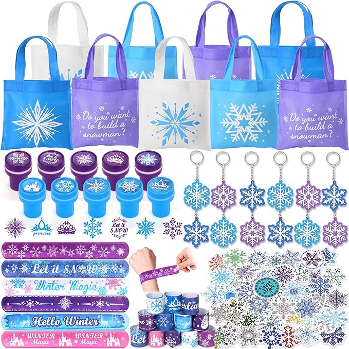 Winrayk 98Pcs Frozen Party Favors Birthday Supplies, Non Woven Tote Bag Stamper Snowflake Keychain Sticker Slap Bracelet, Pinata Filler Goodie Stuffer Classroom Prizes Kids Girls Winter Frozen Decor