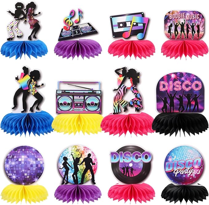 12PCS 70s Party Decorations Honeycomb Centerpieces Disco Theme Party Decorations Disco Ball Table Centerpieces for Retro Theme Birthday Music Neon Night Table Decor