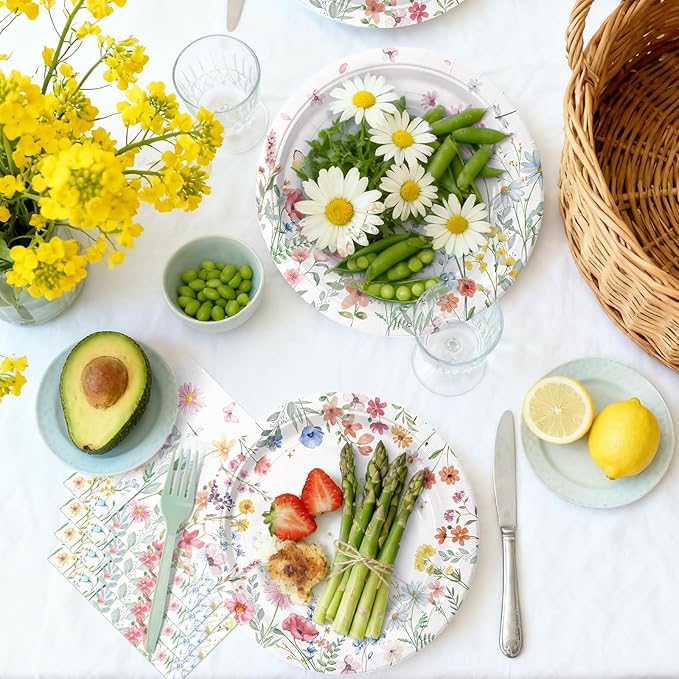 96 Pieces Spring Wildflower Floral Tableware Set – Garden Flower Disposable Plates, Napkins for Spring Birthday, Bridal Shower, Tea Party, and Mother’s Day Celebrations – Serves 24 Guests