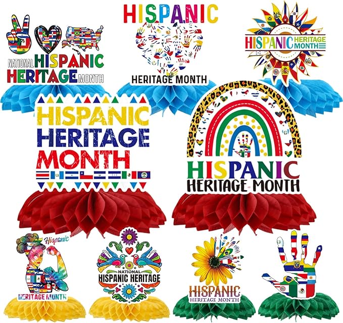 Hispanic Heritage Month Decorations - 9PCS Hispanic Heritage Month Honeycomb Centerpieces, National Latin American Table Decor, Spanish History Party Favors Supplies