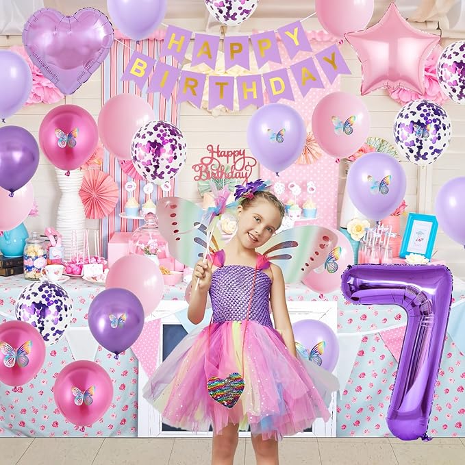 7th Pink Purple Birthday Decorations,Pink Purple 7th Birthday Balloons for Girls Lavender Party Decor Banner Number 7 Balloons Cake Topper Butterfly Party Decorations for 7 Year Old Girls