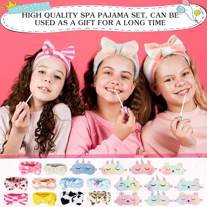 Bonuci 50 Pcs Spa Party Supplies for Girls, 10 Satin Robe 10 Kids Slippers Sleepover Birthday Spa Party Favors