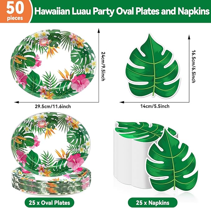 50PCS Hawaiian Luau Party Oval Paper Plates Green Leaf Shape Napkins Aloha Floral Party Supplies Large 11in Summer Platters Tableware Decoration Disposable Tropical Dish Tray for Beach Birthday Party