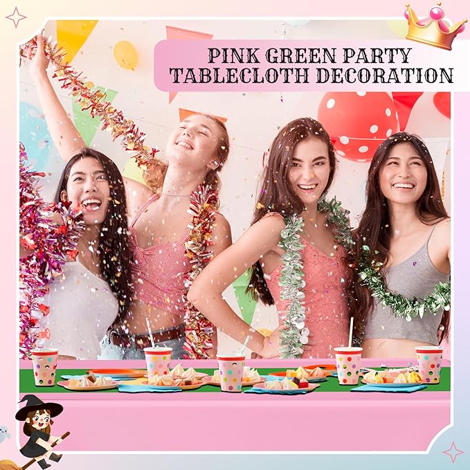 Oudain 3 Pcs Witch Princess Theme Party Pink & Green Party Tablecloth 54 x 108 Inch Plastic Rectangle Tablecloth Waterproof Table Cover for Witch Princess Theme Birthday Decoration