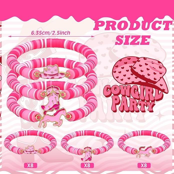 24 Pcs Cowgirl/alien/shark/bee/princess/tropical Party Favors, Polymer Clay Beaded Bracelets Gifts Bulk for Birthday Party