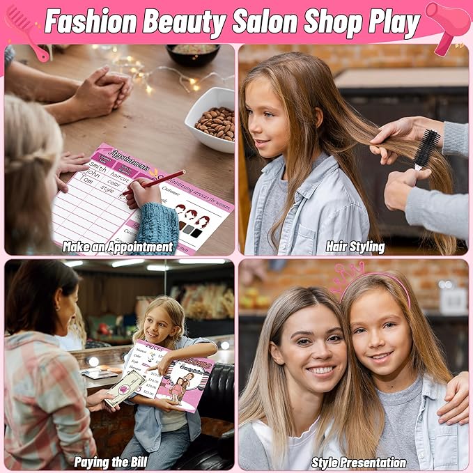 Gifts2U Hair Salon Toys for Girls, Girl Beauty Salon Playset Pretend Hair Styling Set with Blow Dryer, Barber Costume Apron, Scissors Styling Manu, Fake Money and Functional Stylist Accessories.