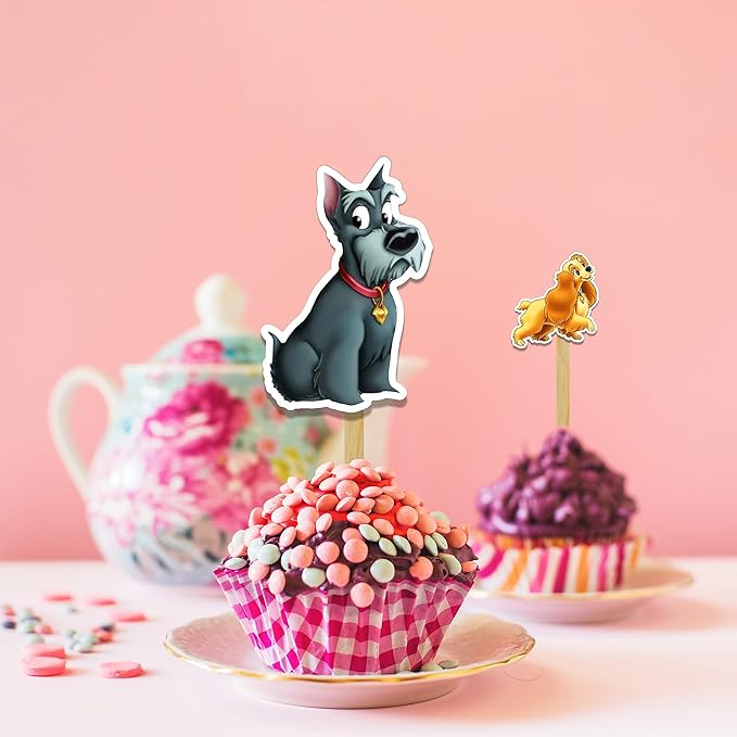 Lady and the Trmp Cupcake Topper – Romantic Dog Theme Cupcake Topper for Birthday Celebrations and Special Occasions, Elegant Puppy Style Decorative Cake Topper for Dessert Tables and Party Displays