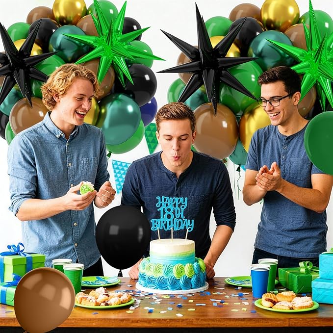 Green and Brown Balloons, 12 Inch Jungle Safari Woodland Balloon with Brown Black Dark Green Confetti Balloons Metal Balloon for Video Game Theme Birthday Wild One Party Decorations