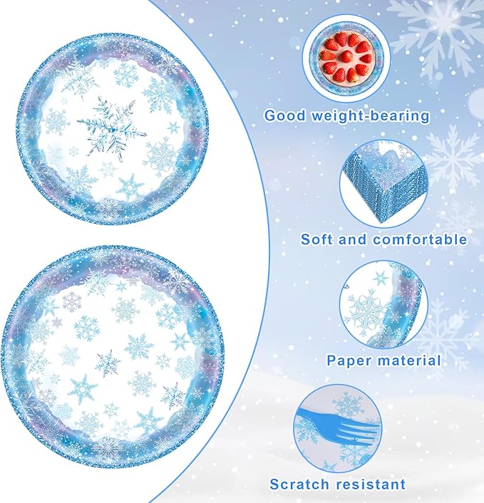 96 Pieces Snowflake Winter Tableware Set – Blue Disposable Plates, Napkins, and Forks for Frozen Birthday Parties, Christmas Dinners, Holiday Gatherings, and Winter Celebrations – Serves 24 Guests