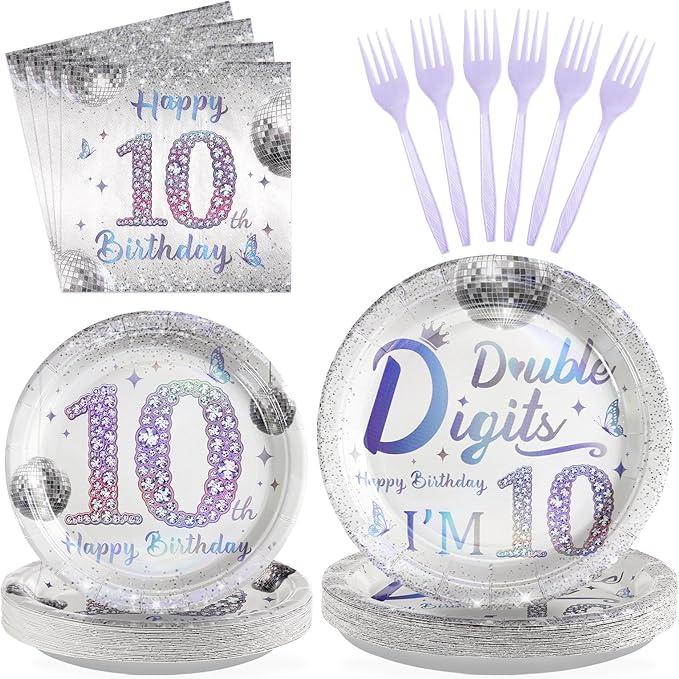 Grencian 96 Pcs Disco 10th Birthday Decorations for Girls Boys Silver Dazzle Double Digits Plates Supplies Disposable Iridescence Happy 10th Birthday Tableware Set for Kids I'm 10 Themed Party Favors