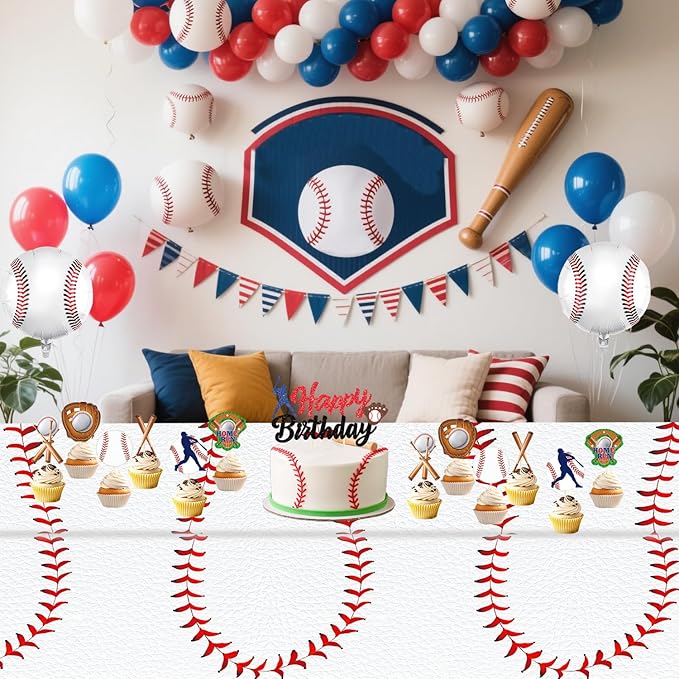 Oigco Baseball Party Decorations 4-Pack Baseball Tablecloth Disposable Plastic Table Cover for Games Birthday Party, 54 x 108 Inch
