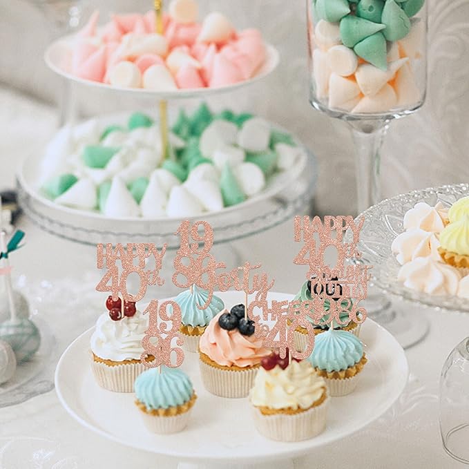 30PCS 40th Birthday Cupcake Toppers Glitter Forty Happy 40th Straight Outta 1986 Cupcake Picks for Cheers to 40 Years Birthday Wedding Anniversary Party Decorations Supplies Rose Gold