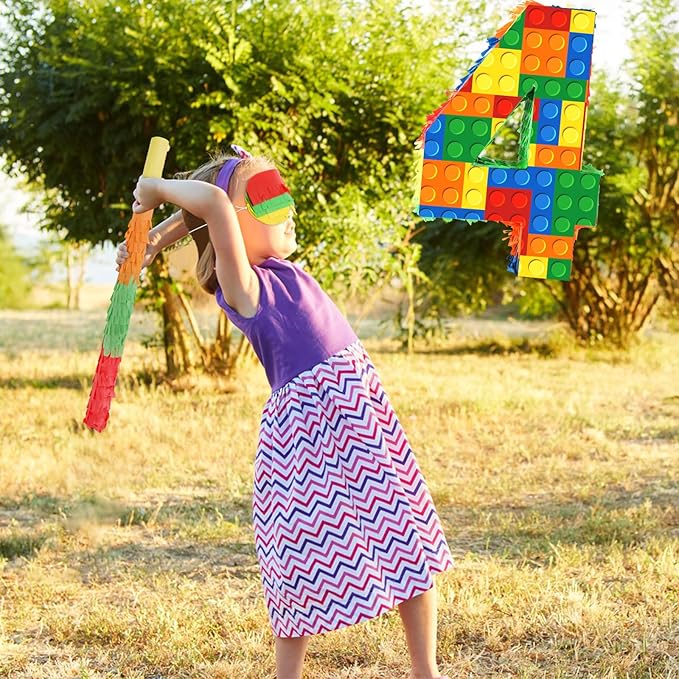 Hooqict Building Blocks 4th Birthday Party Decorations Number 4 Pinata with Pinata Stick & Blindfold for Kids Girls Boys Happy Birthday Building Block Theme Party Supplies Carnival Games