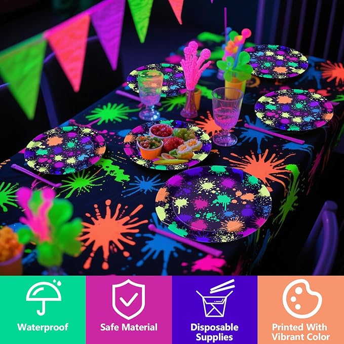 Neon Paper Plates - Glow in the Dark Party Supplies Include 7'' 9'' Printed with Graffiti Plates for Let's Glow Party Decorations, Serves 20