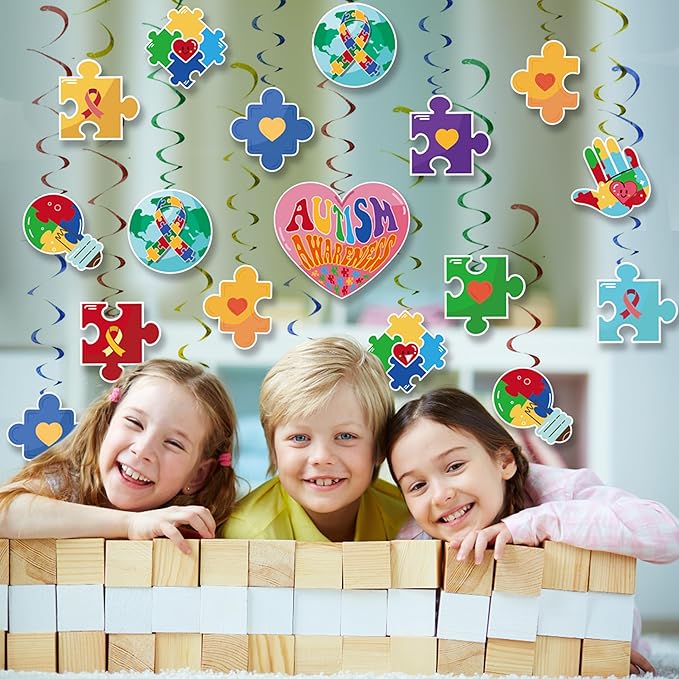 38pcs Autism Awareness Hanging Swirl Decorations, Autism Awareness Puzzle Piece Hanging Swirls for Home Party Wall Decoration, April Festival Party Supplies