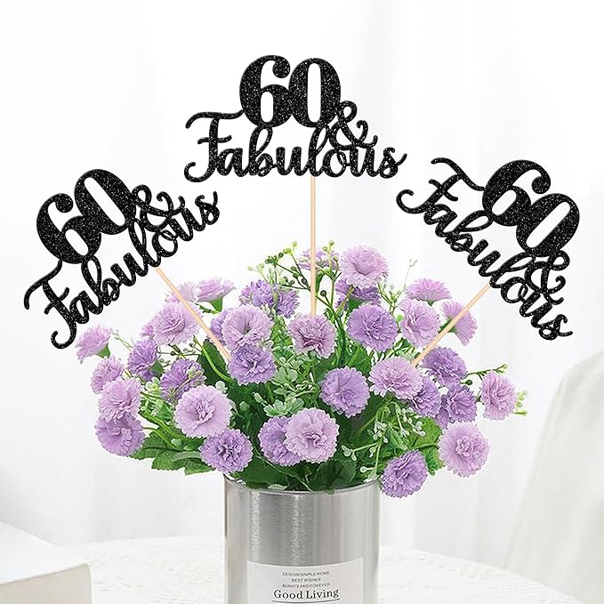 12 PCS 60 and Fabulous Centerpiece Sticks Double Sided Happy 60th Birthday Table Flower Centerpieces Sticks Cheers to 60 Floral Decorations for 60th Birthday Anniversary Party Supplies Black
