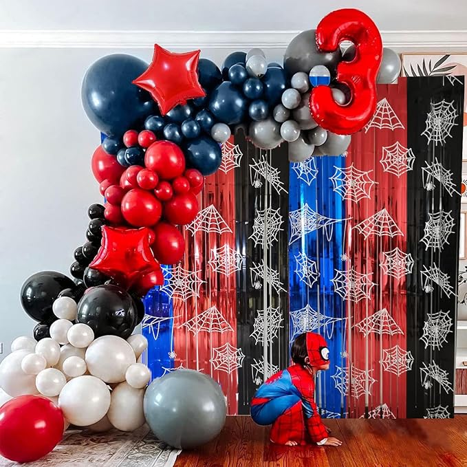 Spider Web Birthday Decorations 2 Pack Spider Party Supplies 3.3x6.6ft Red Blue and Black Spidey Tinsel Foil Fringe Curtains Backdrop Red and Blue Streamers Spider Theme Party Decorations