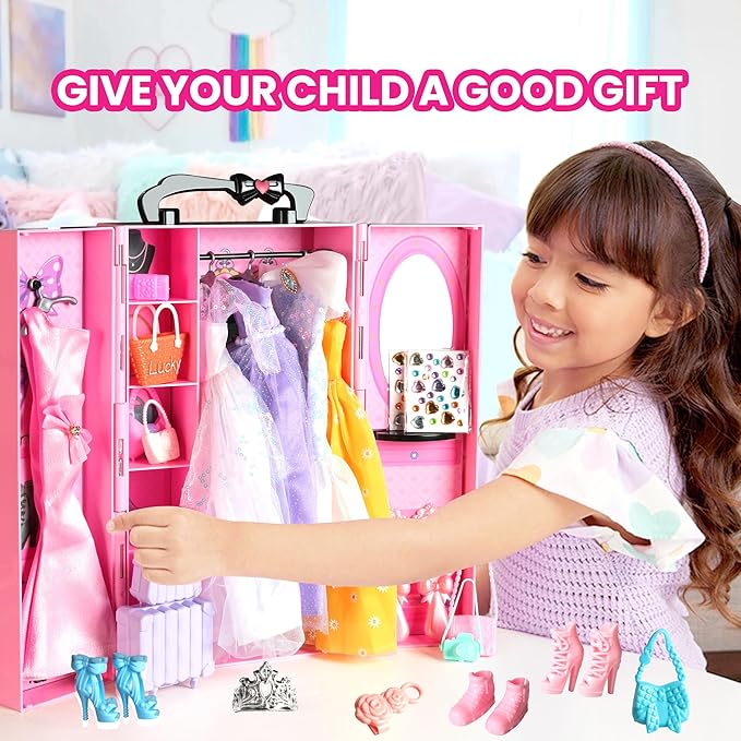UCanaan 180 Pcs Doll Clothes and Accessories Set, Princess Gowns, Dresses, Tops, Pants, Shoes, Hangers, Fashion Doll Wardrobe, Ages 3+ Best Gitfs for Girls Christmas Birthday
