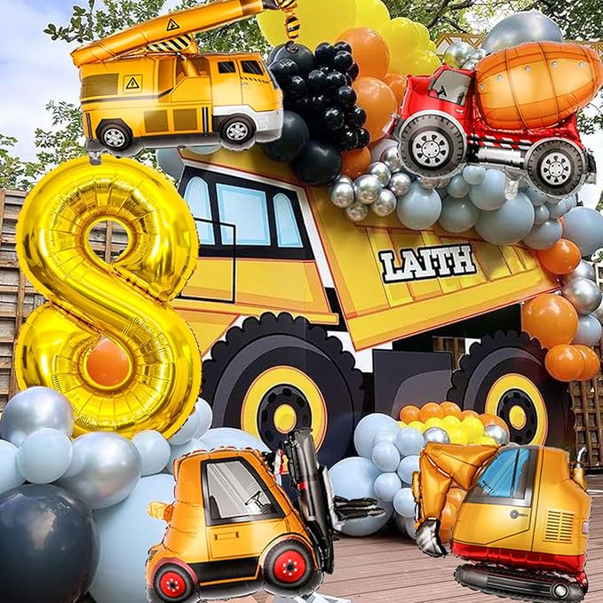 Construction Birthday Party Supplies 8 Year Old, Large Construction Balloons 40Inch Gold Number 6 Balloons Construction Truck Foil Balloons for Boys 8th Construction Birthday Party Decorations
