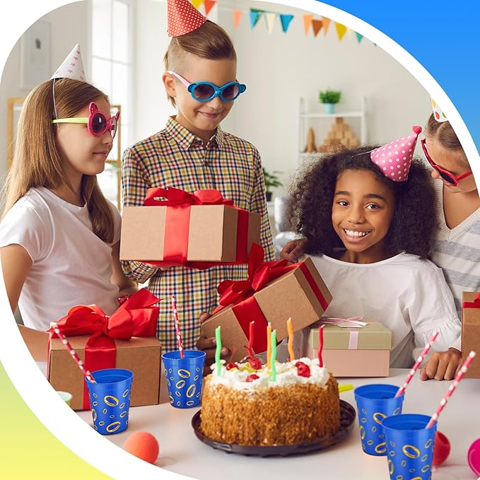 Qinyoung 24 Pcs Blue with Gold Ring Print Themed Birthday Party Supplies Plastic Cups Reusable 16oz Cups for Cartoon Theme Birthday Party Holiday Events Decoration Favors