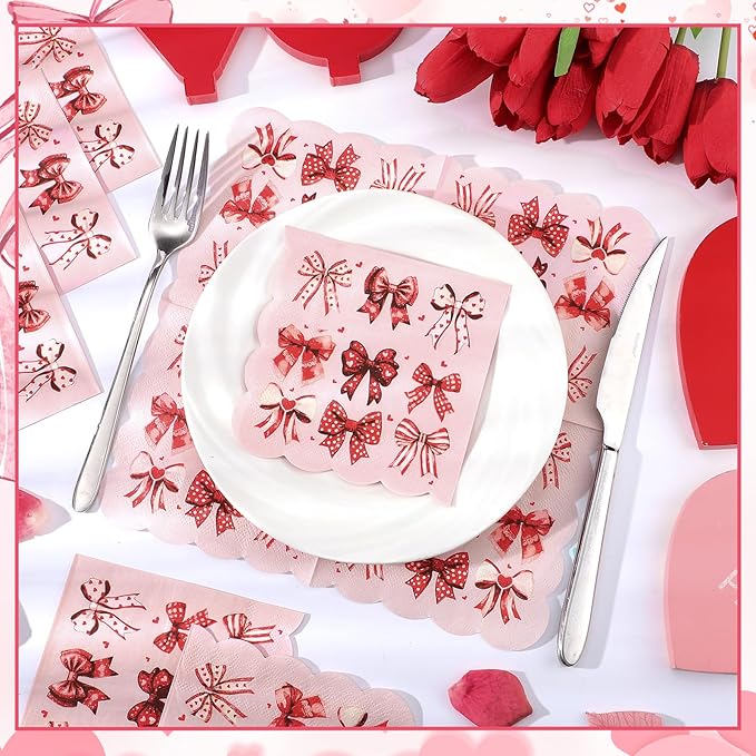 100 Pcs Bow Napkins, Scalloped Pink Bow Birthday Decrations Bachelorette Dessert Beverage Party Napkin for Bridal Baby Shower, Engagement, Wedding