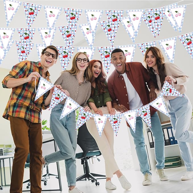 Jetec 49ft Cherry and Blue Gingham Party Decorations Blue and White Plaid Checkered Pennant Banner Gingham Bunting Flag Garlands for Cherry on Top Baby Shower Bachelorette Birthday Party Decors