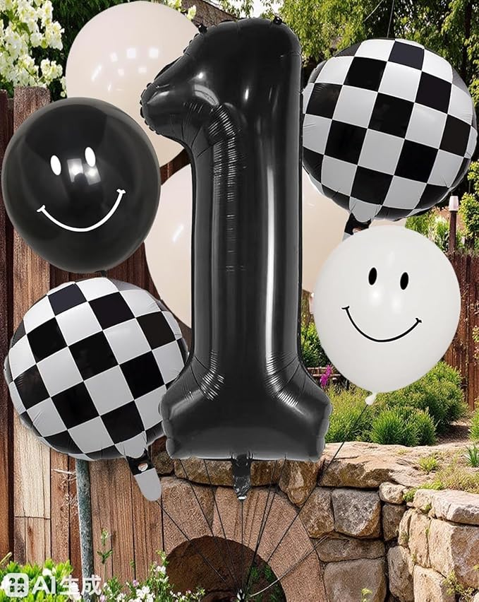 100% liked-One Happy Dude 1st Birthday Balloon Set – 40" Black & White Smiley Face Foil + Latex Balloons, Checkered Baby Shower Decorations, Kids Party Supplies for Boys and Girls