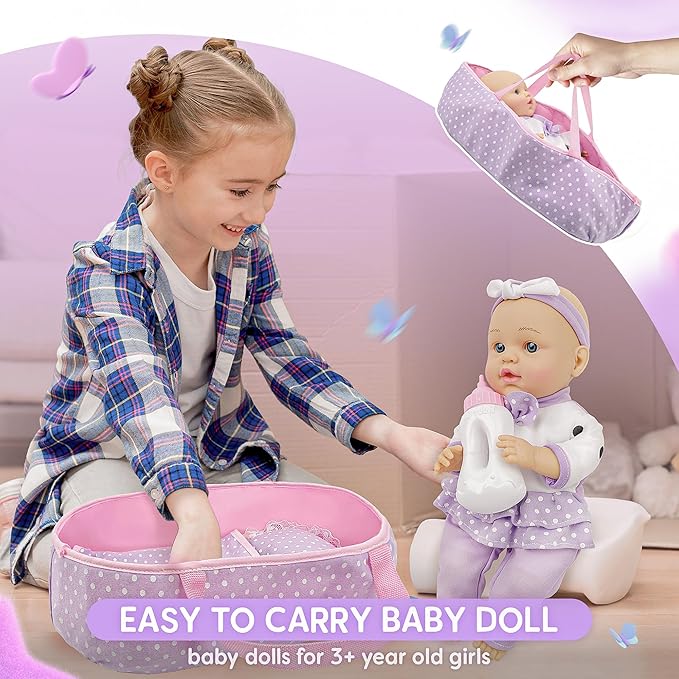 SMILESSKIDDO Baby Doll with Accessories, 12" Dolls Playset with Washable Carrier Bassinet Bed, Bottle, Blanket, and Pillow, Soft Body Baby Dolls for 2+ Year Old Girls