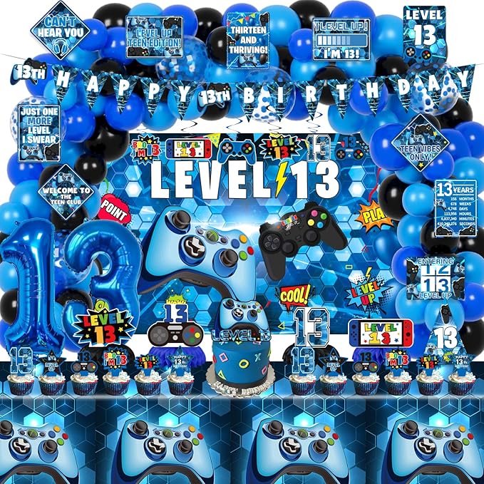 13th Birthday Decorations for Boys, 150Pcs Blue Video Game level 13 Party Supplies for Boy 13th Birthday - Backdrop, Banner, Balloons, Tablecloth, Centerpieces, Hanging Swirls, Wall Signs
