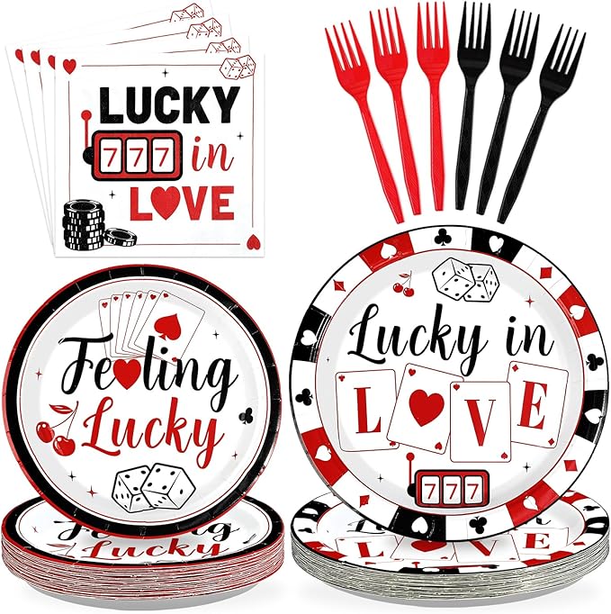 96 Pcs Casino Party Decorations Lucky In Love Plates and Napkins Disposable Black White Red Poker Tableware Set for Las Vegas Night Poker Club Birthday Party Supplies Serves 24