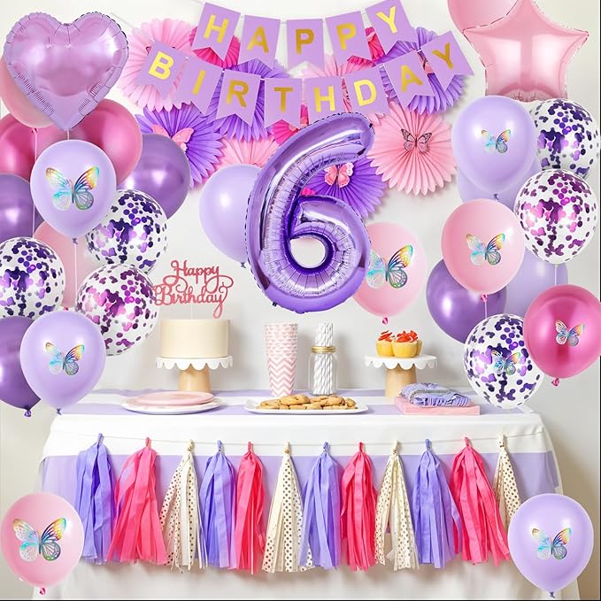 6th Pink Purple Birthday Decorations,Pink Purple 6th Birthday Balloons for Girls Lavender Party Decor Banner Number 6 Balloons Cake Topper Butterfly Party Decorations for 6 Year Old Girls