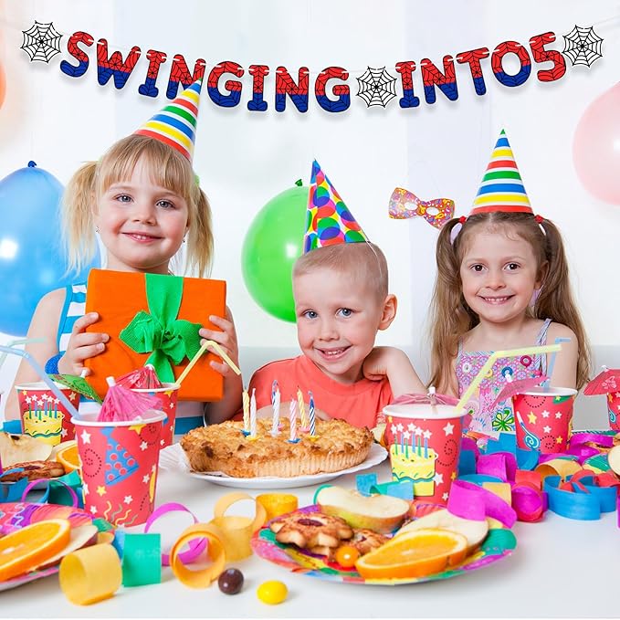 TaoBary Spider Theme 5th Birthday Banner, Pre-strung Swinging into 5 Banner, Spider 5th Birthday Decorations Party Supplies for Kids, Fifth Decor for 5 Years Old Boys Girls(Multicolor)