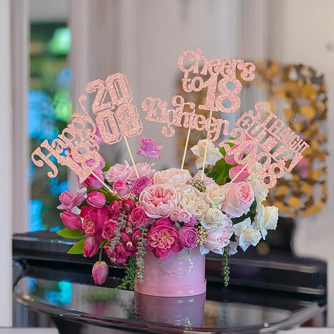 Gyufise 15Pcs Happy 18th Birthday Centerpiece Sticks Eighteen Straight Outta 2008 Table Flower Centerpieces Sticks for Cheers to 18th Birthday Party Supplies Rose Gold