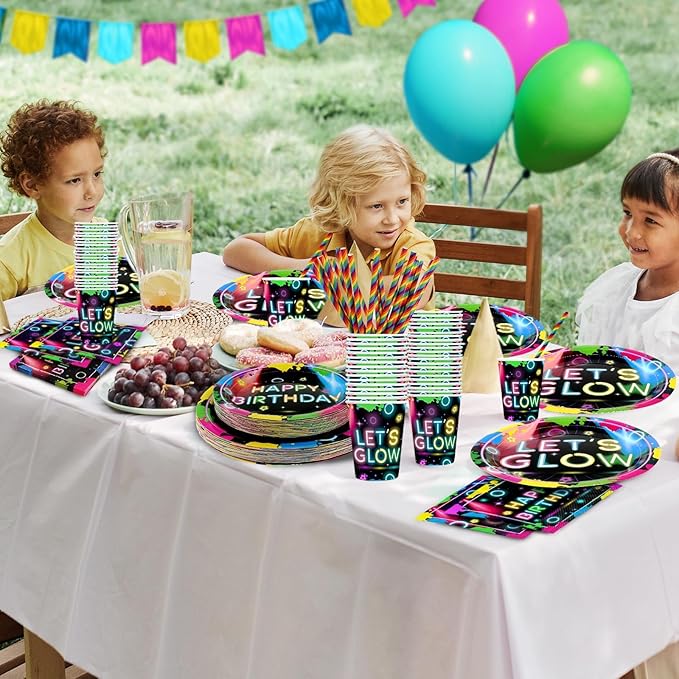 Glow Neon Birthday Party Supplies, 120Pcs Let's Glow Birthday Party Decorations Disposable and Radiant Tableware Includes Plates, Napkins, Cups and Straws | Serves 24