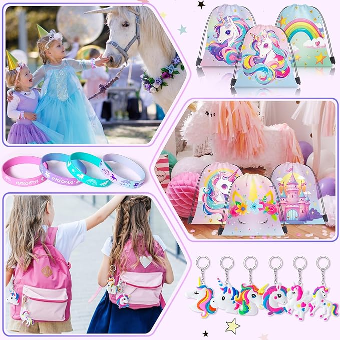 12 Sets Unicorn Party Favors Birthday Supplies for Girls Kid, Drawstring Bag Silicone Bracelet Tattoo Sticker Keychain Goodie Bag Stuffer Filler Unicorn Birthday Decorations Girls Party Favors