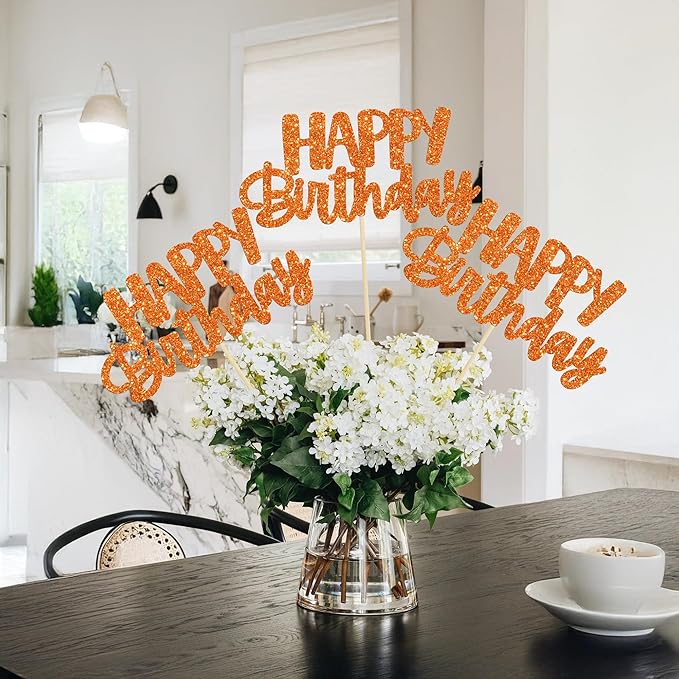 Gyufise 12Pcs Happy Birthday Centerpieces Sticks Double Sided Glitter Birthday Party Decorations Anniversary Table Flower Centerpiece for Celebrating Party Supplies Orange