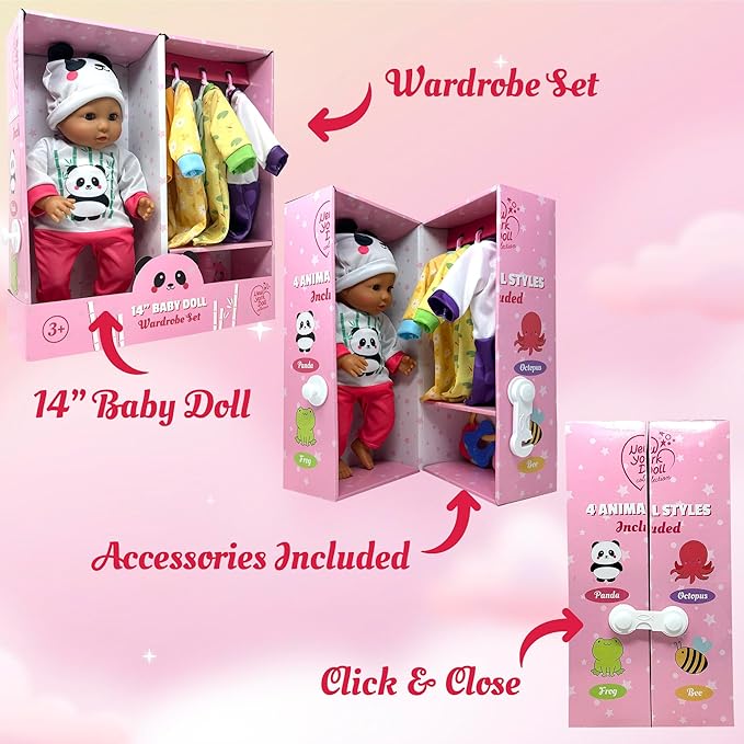 Soft Body Baby Doll with Accessories & 4 Sets of Animal Outfits, Realistic Baby Doll with Clothes & Toys, 14 Inch Baby Doll Play Set Wardrobe Closet, Baby Dolls for Girls, Gift for 3 4 5 Year Old