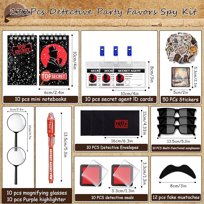 132Pcs Spy Detective Party Favors Kit for Kids Sunglasses, Invisible Ink Pen, Magnifying Glass, Secret Agent Name Tags for Spy Cosplay Escape Room Party Favors Detective Party Decorations