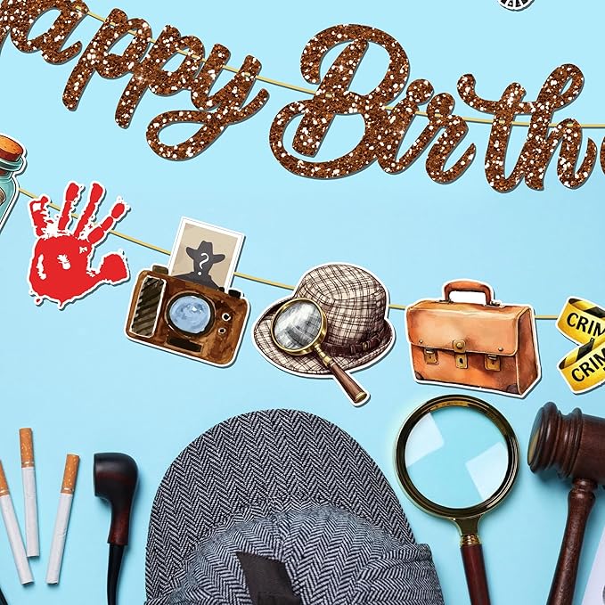 CC HOME 3Pcs Detective Happy Birthday Banner Magnifying Glass Camera Party Hanging Banner Detective Theme Birthday Bridal Wedding Baby Shower Boys Girls Kids Home Classroom Party Supplies Decorations