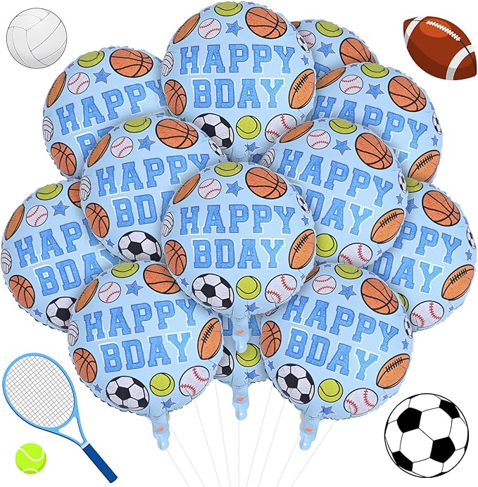 Sports Birthday Balloons Party Decorations, 18 Inch Inflatable HAPPY BDAY Mylar Foil Sports Balloon with Baseball Volleyball Basketball Soccer Game Print for Boy Baby Shower Birthday Party Decorations