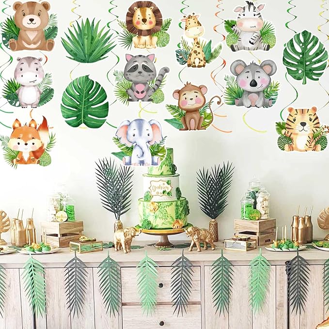 35Pcs Jungle Animals Hanging Swirl Wild One Party Birthday Decor Jungle Safari Animal Themed Wild One Birthday Party Swirls Streamers Supplies for Baby Shower Decorations