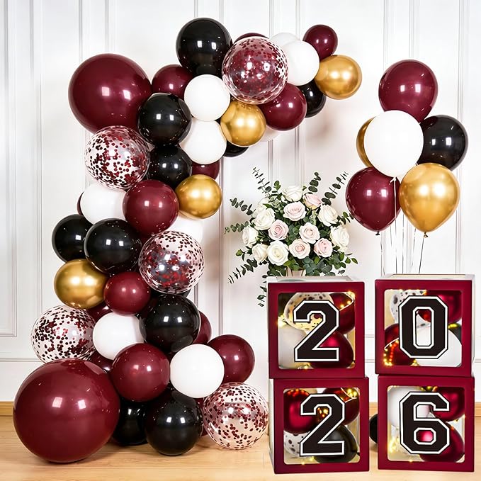 Maroon Themed 2026 Graduation Decorations Set - Balloons Boxes with Letters 2026 GRAD So Proud of You - Complete Party Supplies for High School & College Celebrations