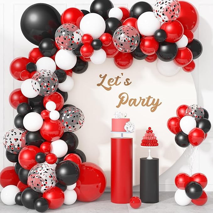 Ouddy Life 133Pcs Red and Black Balloons Garland Arch Kit for Red and Black Party Decorations, Red Black White Balloon for Birthday Las Vegas BBQ Casino Poker Racing Car Party Supplies