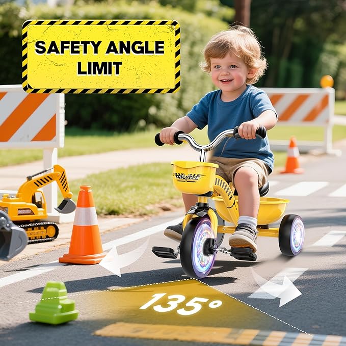 Tricycle for Toddlers 1-3 3-5 Year Olds, Construction Vehicle Toys Road Set Toddler Baby Balance Bike with Colorful Lighting Wheels & Large Basket, Birthday Gift and Toy for 1 2 3 4 5 Year Olds Boys