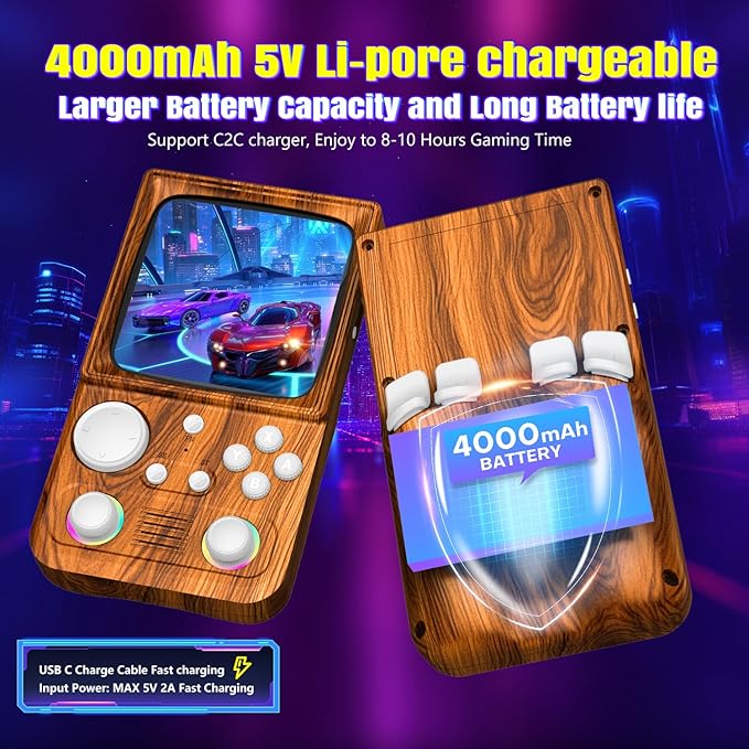 R36TMAX Retro Gaming Console, 4.0'' IPS Screen, Retro Handheld Game Console with 18000+ Classic Games Supports WiFi Networked Fighting and OTG, 4000mAh Battery, with Portable Case(Wood Brown 64GB)