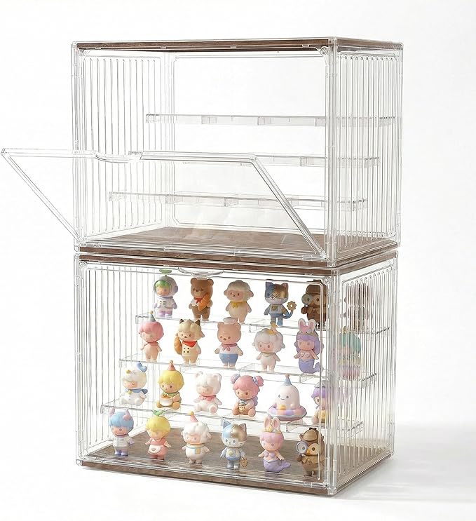 Acrylic Display Case for Collectibles, 4-Tier Clear Display Box with Removable Shelves, Stackable Organizer with Magnetic Door for Figures, 2 Pack