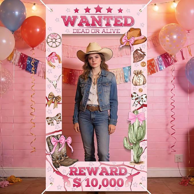 Pink Cowgirl Banner Backdrop - 72x39 Inch Cowgirl Photo Prop with Rope, Western Pink Bow Cowgirl Party Decor for Cowboy Themed Party Decorations, Baby Shower and Bachelorette Birthday Party Supplies