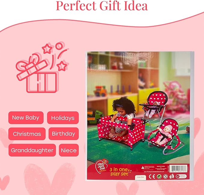 Mega Baby Doll Accessories Set, 3-1 Baby Doll Crib, Baby Doll High Chair & Bouncer Seat. 18 inch Doll Accessories with Doll Bed. 18" Dolls Furniture Play Stuff. Toys for Girls Ages 3-5,4-6,5-7,8-10